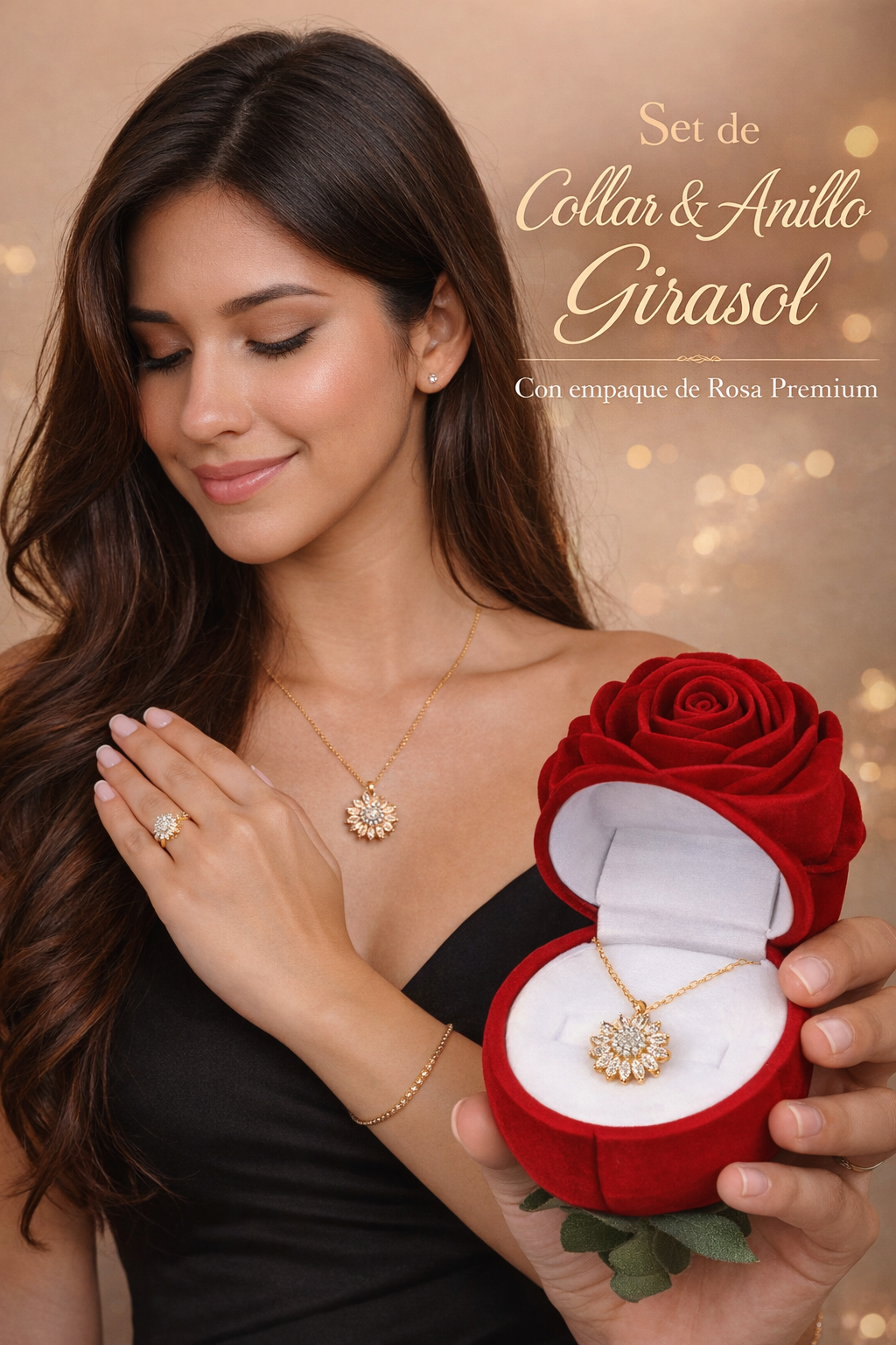 Set Collar + Anillo Girasol Giratorio 🌻✨| Baño en Oro de 18k + Caja de Lujo ¡Gratis!